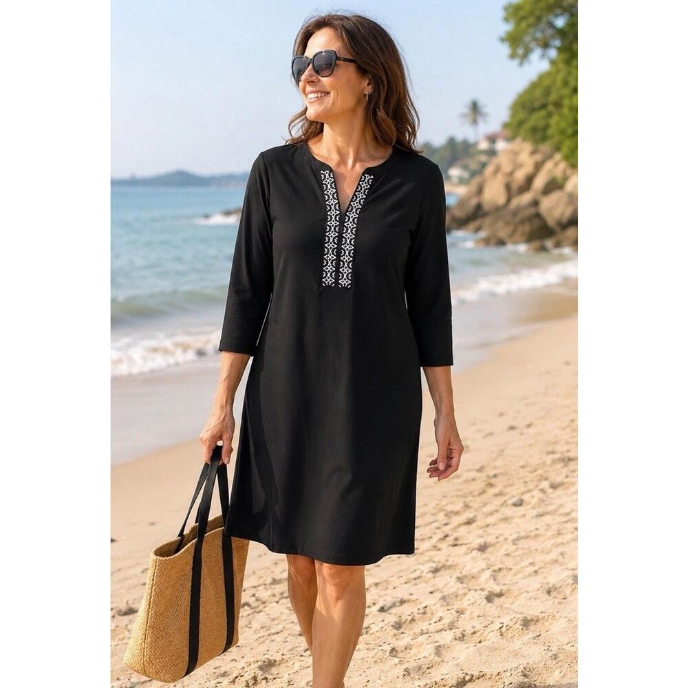 Lands End Blk Embroidered Tunic Shift Dress L (14/16) Stretch Travel Swim Cover